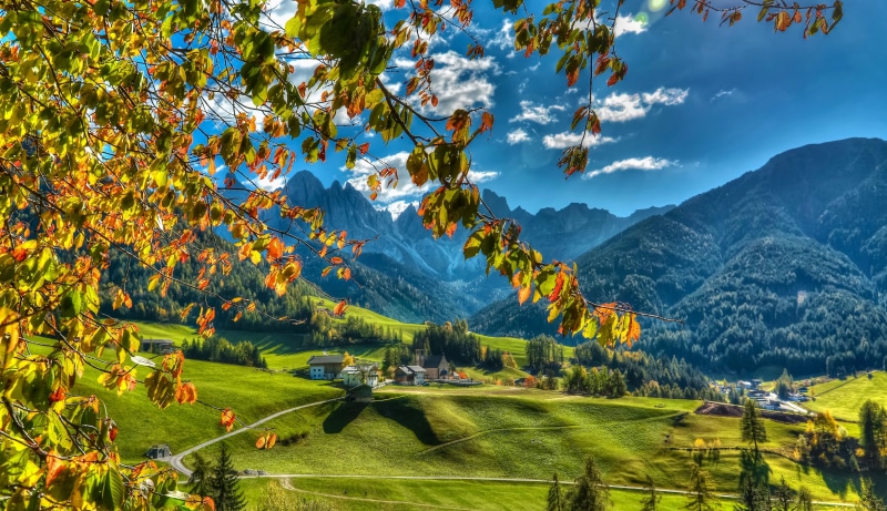 The Dolomites, autumn, Italy, 4K, Dolomites, South Tyrol, valley, mountains, village, Funes, branches