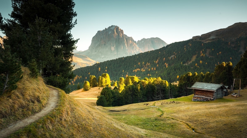 path, sky, highland, hill station, mountain, italy, dolomites, valley, pathway, hill, mountains, tree, europe, forest, 4K, wilderness, hut, landscape