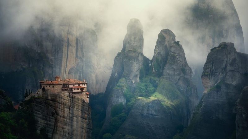 monastery, fog, ancient civilization, roussanou monastery, day, history, nature, landscape, sculpture, religion, kalambaka, greece, sky, meteora, europe