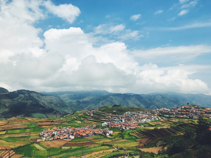 sky, landscape, rural scene, agriculture, top view, aerial view, calm, mountain range, scenics - nature, fields, 4K, countryside, residential district
