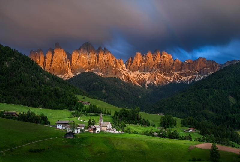 1080P, Church, The Dolomites, forest, morning, Santa Maddalena, landscape, Italy, mountains, village, hills, meadows, nature, the bell tower