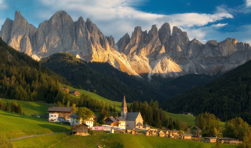 1080P, forest, mountains, Santa Maddalena, the sun, Italy, Church