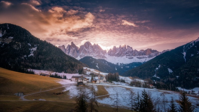 Santa Maddalena, Church, winter, forest, the sky, 1080P, meadow, Italy, mountains