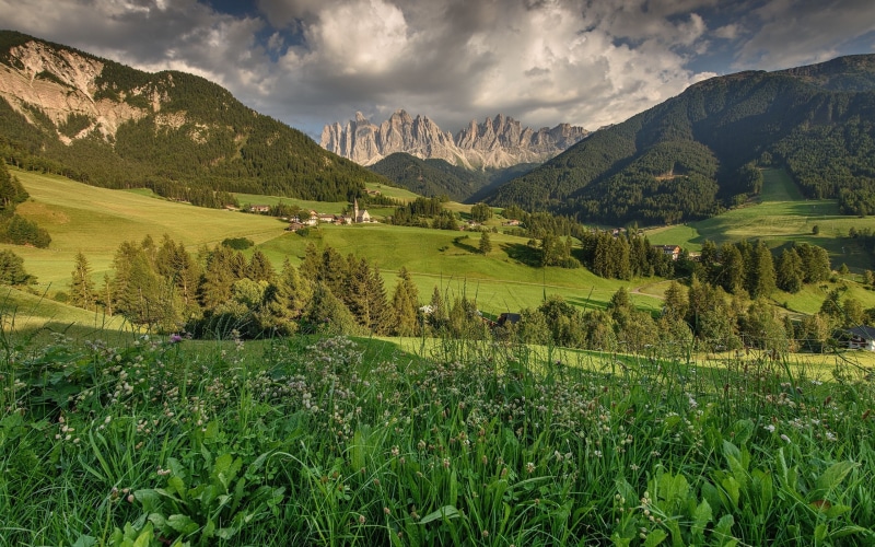 Houses, Santa, Trees, Mountains, Dolomites, Magdalena, Fields, 2K, Italy