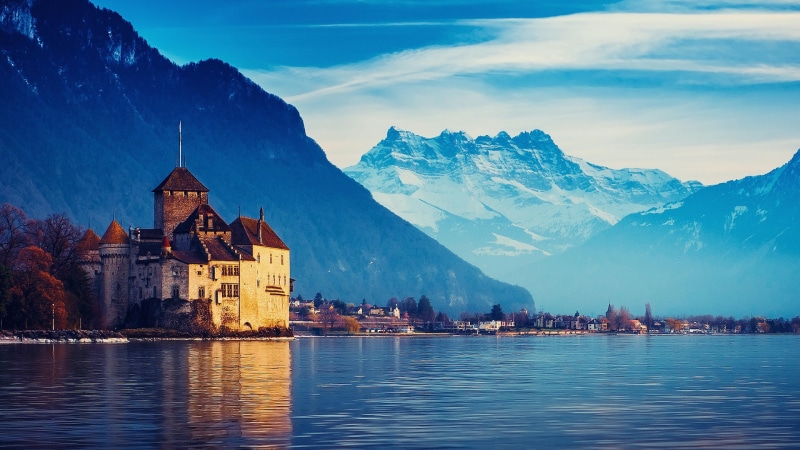 cloud - sky, 4K, religion, castle, built structure, water, building, sky, cold temperature, europe, place of worship, switzerland, building exterior, architecture