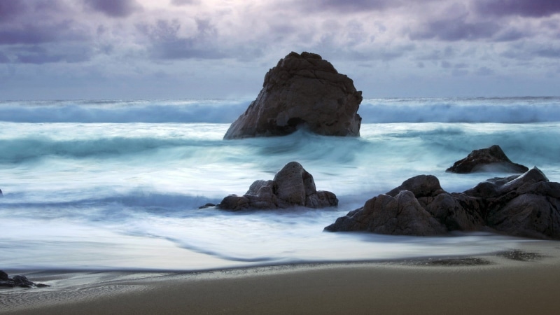 rock, scenics - nature, rock - object, 1080P, wave, land, black, rock formation, motion, horizon over water, sky, cloud - sky, waves, stack rock, sea