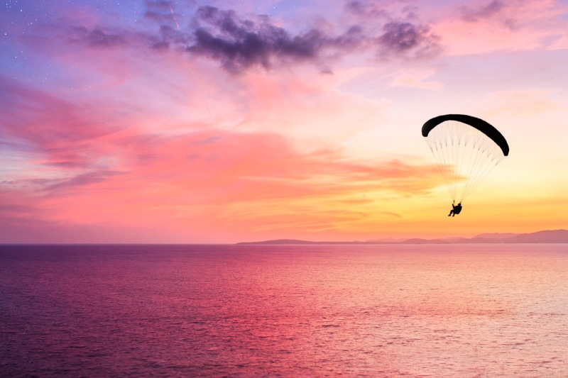orange, orange sky, flying, blue, Mallorca, action, adventure, extreme Sports, paragliding, sky, sport, Sunset, outdoors, Majorca, man, summer, sea, Canon 450D