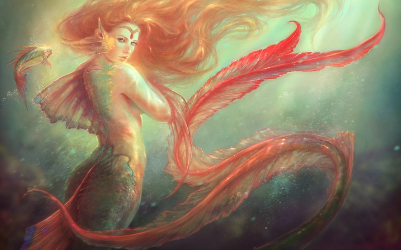 Fish, fins, Red hair, tail, scales, 2K, Mermaid