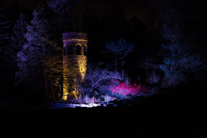 built structure, longwood gardens, light - natural phenomenon, lighting equipment, nature, no people, outdoors, motion, multi colored, woods, water, light