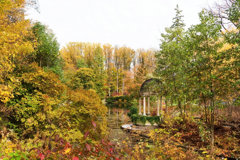 autumn, usa, longwood, pagodas, gardens, parks, nature, trees, 5K, pond