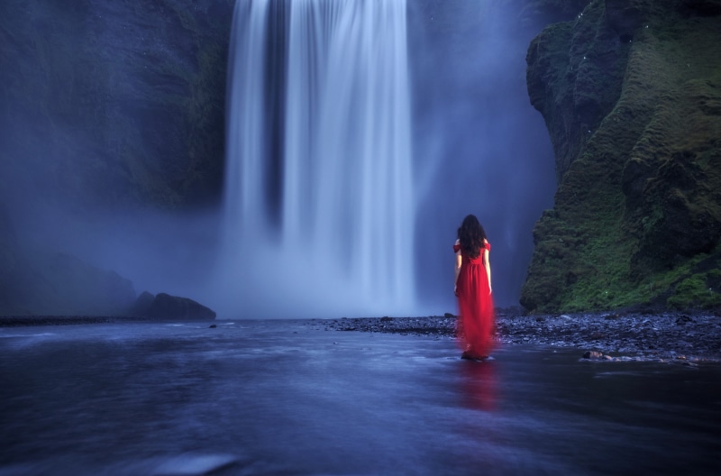 people, Iceland, ILCE-7M2, HDR Photography, women, woman, RAW, night, Skógá, red dress, Skógafoss, Photomatix, falls, Skogar, nature, 5K, F3.5, Skogafoss