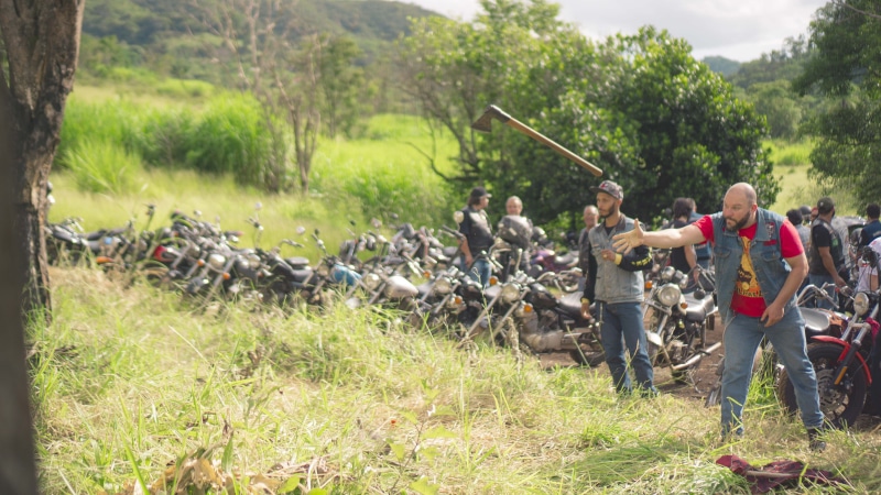brazil, event, harley davidson, young men, males, full length, biker event, lifestyles, biker, young adult, nature, serra negra, people, axe, scrambler