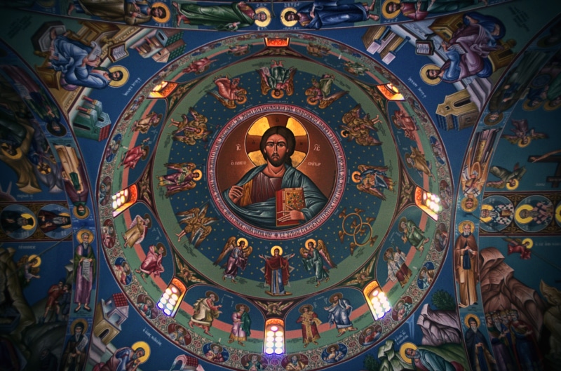 god, ornate, place of worship, roof, illuminated, indoors, art and craft, religion, mural, built structure, old, representation, multi colored, 2K, church