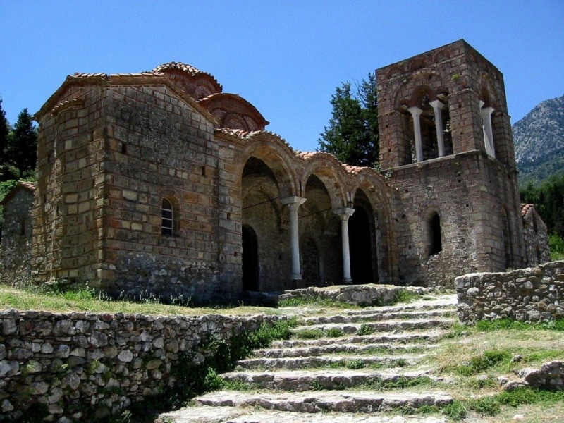 pillars, blue, architecture, hd, art, 480P, steps, old, mystras, Church, blue sky, tower, greece, sky, religious, square