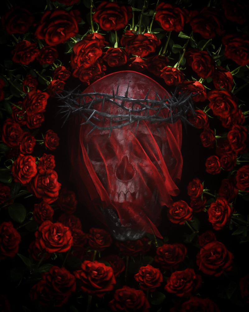 1080P, red, skull, death, religion, Scorpion (character), dark, flowers, billelis, Mortal Kombat 11, Mortal Kombat, samurai
