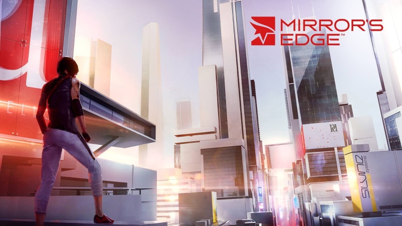 sign, building, 1080P, city, Mirrors Edge, Faith Connors, office building exterior, building exterior, day, text, adult, women, low angle view, people