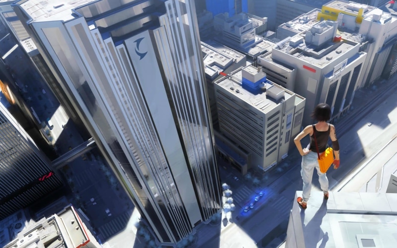 outdoors, Mirrors Edge, city, full length, day, street, building exterior, young adult, high angle view, white, men, rear view, built structure, real people