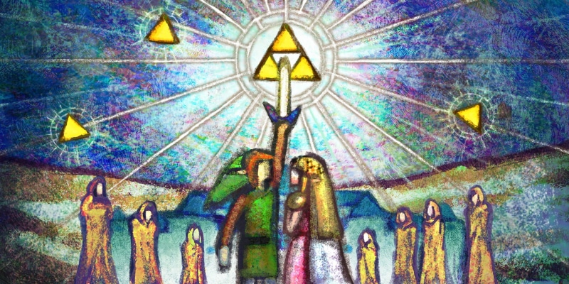 low angle view, representation, multi colored, religion, travel destinations, video games, religious, art and craft, no people, ornate, Master Sword, The Legend of Zelda