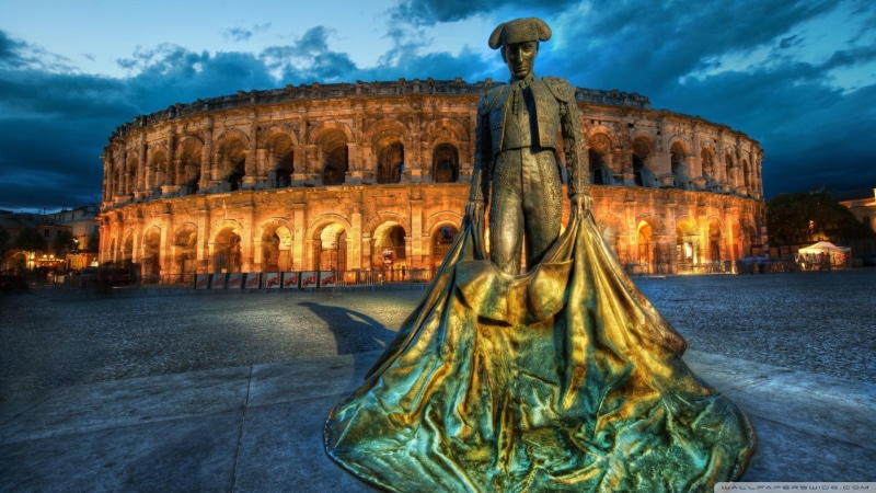 front, nature and landscapes, brass, bullfighting, arena, promenade, 1080P, dusk, statue, fighter, bull