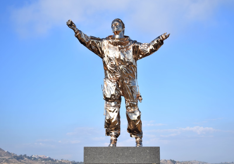 human arm, arms raised, built structure, male likeness, belief, arms outstretched, sculpture, man, art and craft, 5K, sicily, nature, brass, sky, statue