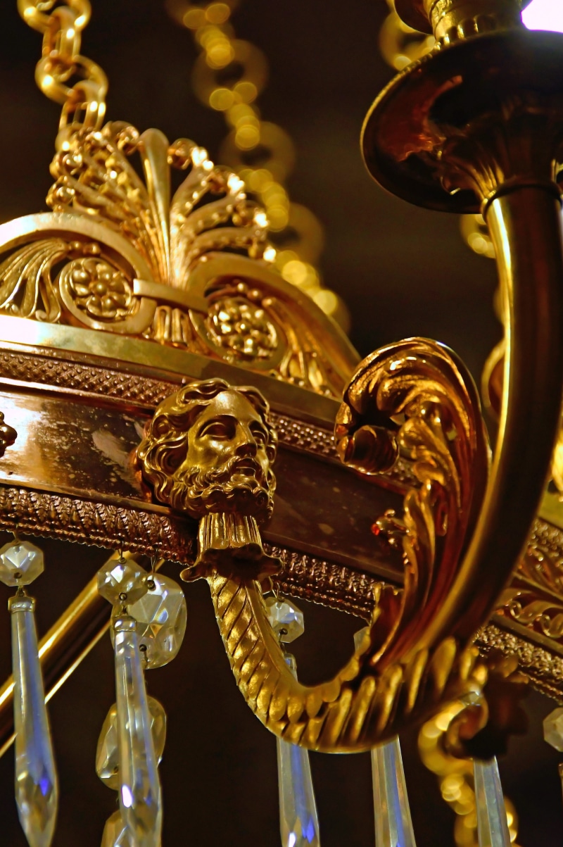 statue, crystal chandelier, religion, beautiful, still life, chandelier, ornate, gold, brass, gilded, light, glow, ornament, deco, luxury, representation