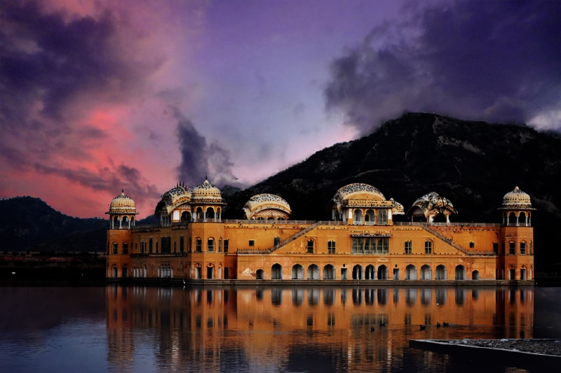 clouds, travel destinations, mountain, water, body, sky, near, photo, reflection, jal mahal, travel, red sky, waterfront, indium, wall, no people, 2K