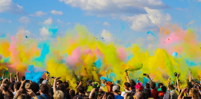 colour run, hand, indium, arms raised, festival, emotion, excitement, colour, person, fun, throwing, togetherness, summer, celebrating, multi colored