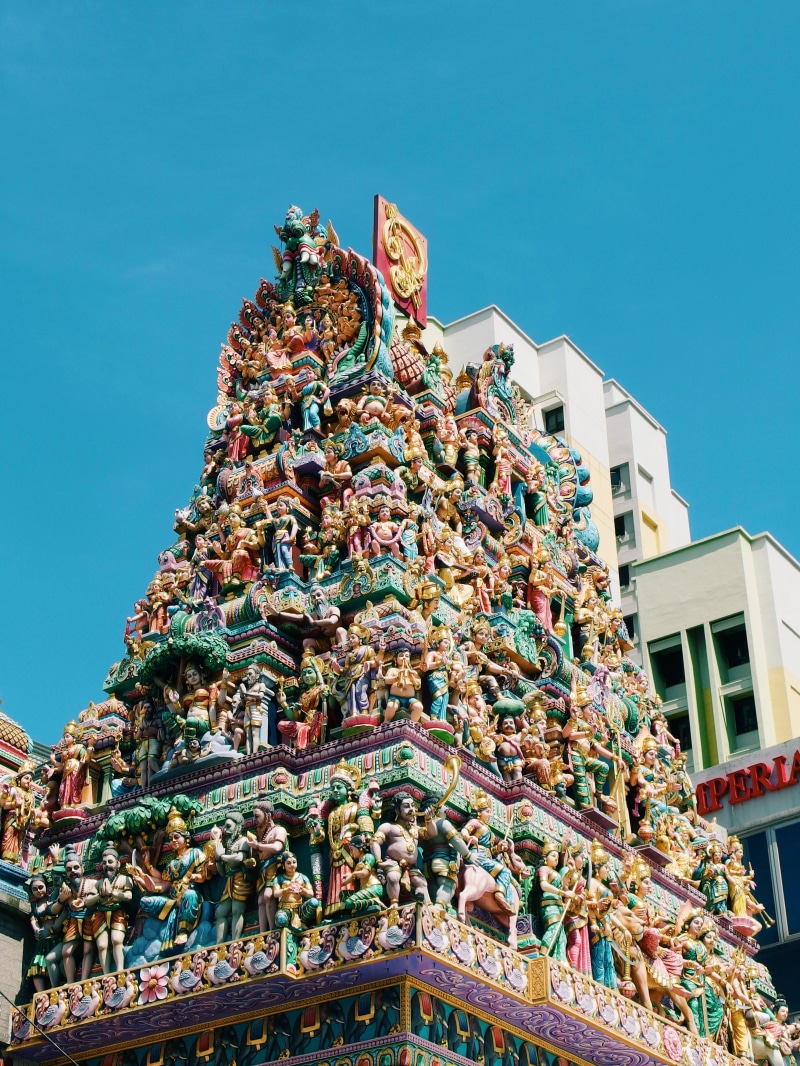 building, day, statuette, angle, low, art and craft, indium, shrine, art, city, outdoors, low angle view, ornate, religion, place of worship, sky, sriveeramakaliammantemple