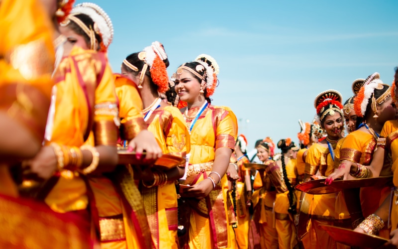 sky, indian classical dance, tradition, woman, men, parading, wearing, female, dance, exuberance, group of people, 4K, crows, costume, women, smiling