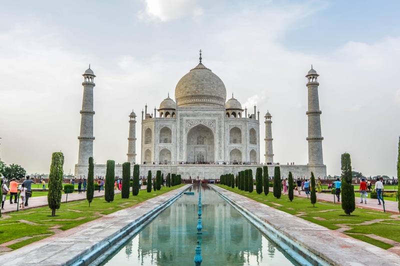 taj mahal, incidental people, nature, agra, memorial, clouds, history, the past, lake, mahal, temple, trees, columns, outdoors, architecture, pond, dome