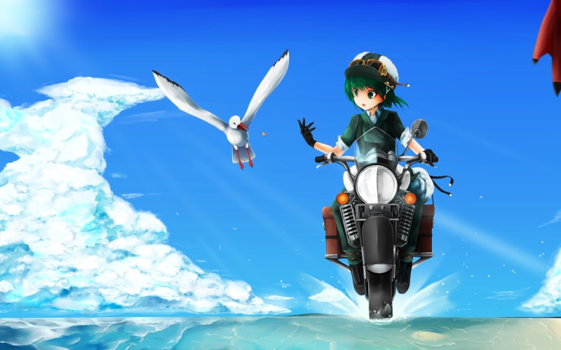 goggles, green, short, hat, animal, hair, kino, gloves, 1080P, ilis, bird, eyes, motorcycle, tabi, clouds, sky