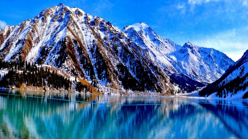 1080P, scenics - nature, tranquility, snowy, non-urban scene, nature, mountain range, snow, mountain, reflected, trans-ili alatau mountains, waterfront