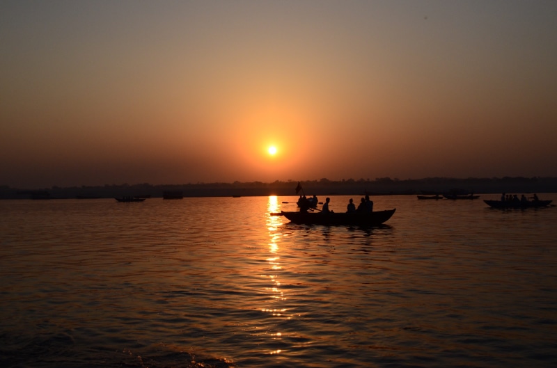 ganges, reflection, outdoors, scenics - nature, tranquil scene, nautical vessel, sky, sunset, travel, 4K, nature, little boat, water, sun, orange color