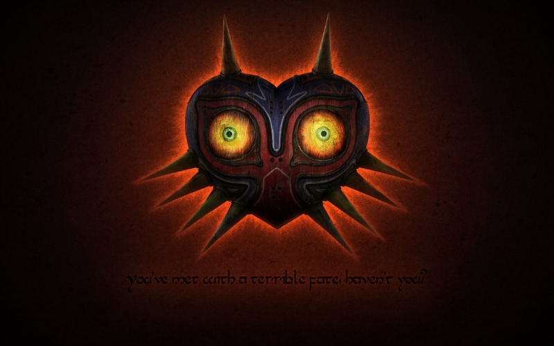 The Legend of Zelda, body part, black, western script, representation, close-up, orange color, black background, creativity, spooky, yellow, evil, The Legend of Zelda: Majoras Mask