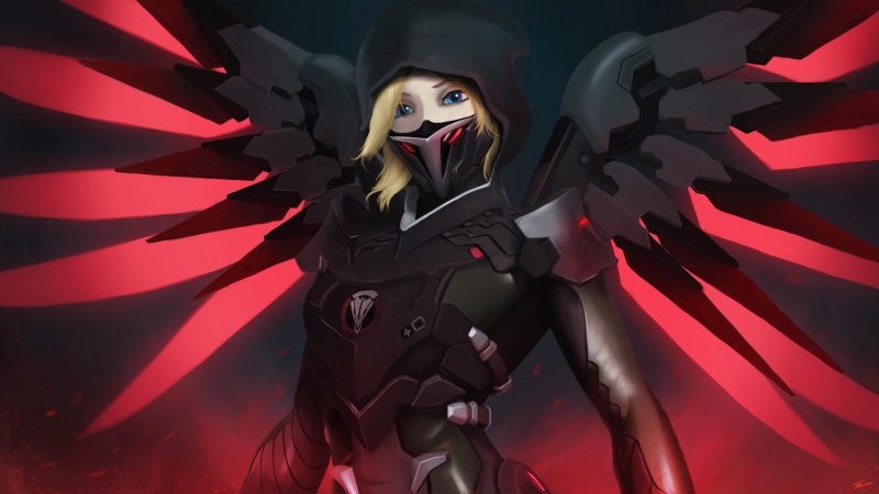 futuristic, Overwatch, females, adult, women, red, looking, young adult, one person, Mercy (Overwatch), Blackwatch, Mercy (BlackWatch), studio shot, digital composite