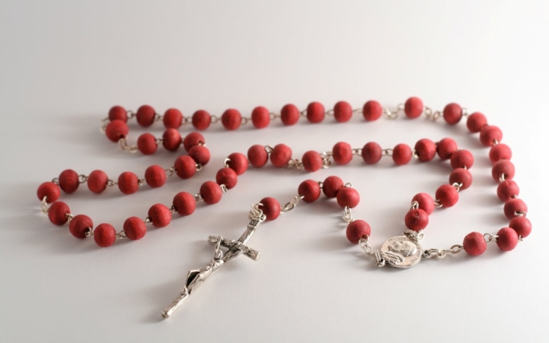 high angle view, jewelry, rosary, catholic, fruit, Holy Rosary, prayer, indoors, close-up, abundance, text, freshness, still life, no people, wellbeing