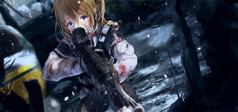 front view, scared expression, military, glass - material, clothing, anime girl, focus on foreground, nature, waist up, men, one person, holding, Anime