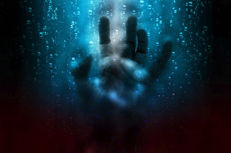 one person, human, nature, wireless technology, left, afraid, bizarre, violence, dark, touching, finger, scared, sea, spooky, water, hand, blue, halloween