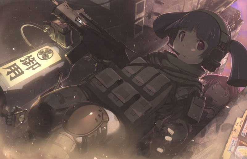 guns, Anime, anime girl, soldier, 720P, headphones, scared expression, military, moe