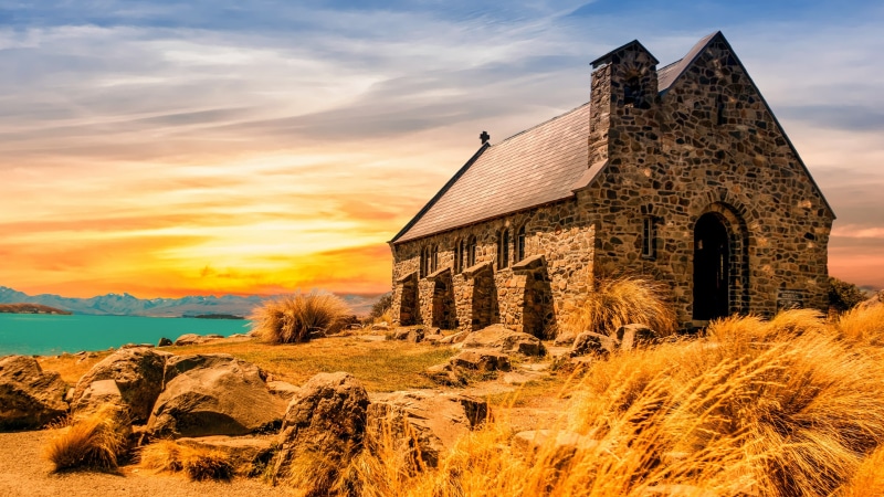 historic site, church, church of the good shepherd, field, sunlight, cloud, 4K, dawn, lake tekapo, morning, lake, new zealand, landscape, sky, rock, coast