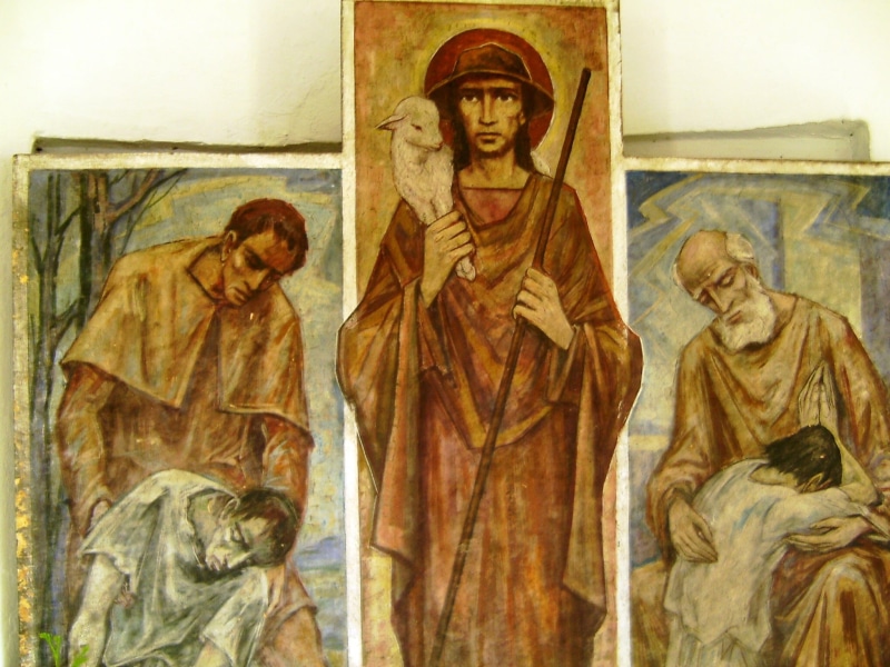 1080P, shepherds staff, mural, sculpture, craft, Herdsman, Jesus, indoors, male likeness, faith, creativity, place of worship, no people, art and craft