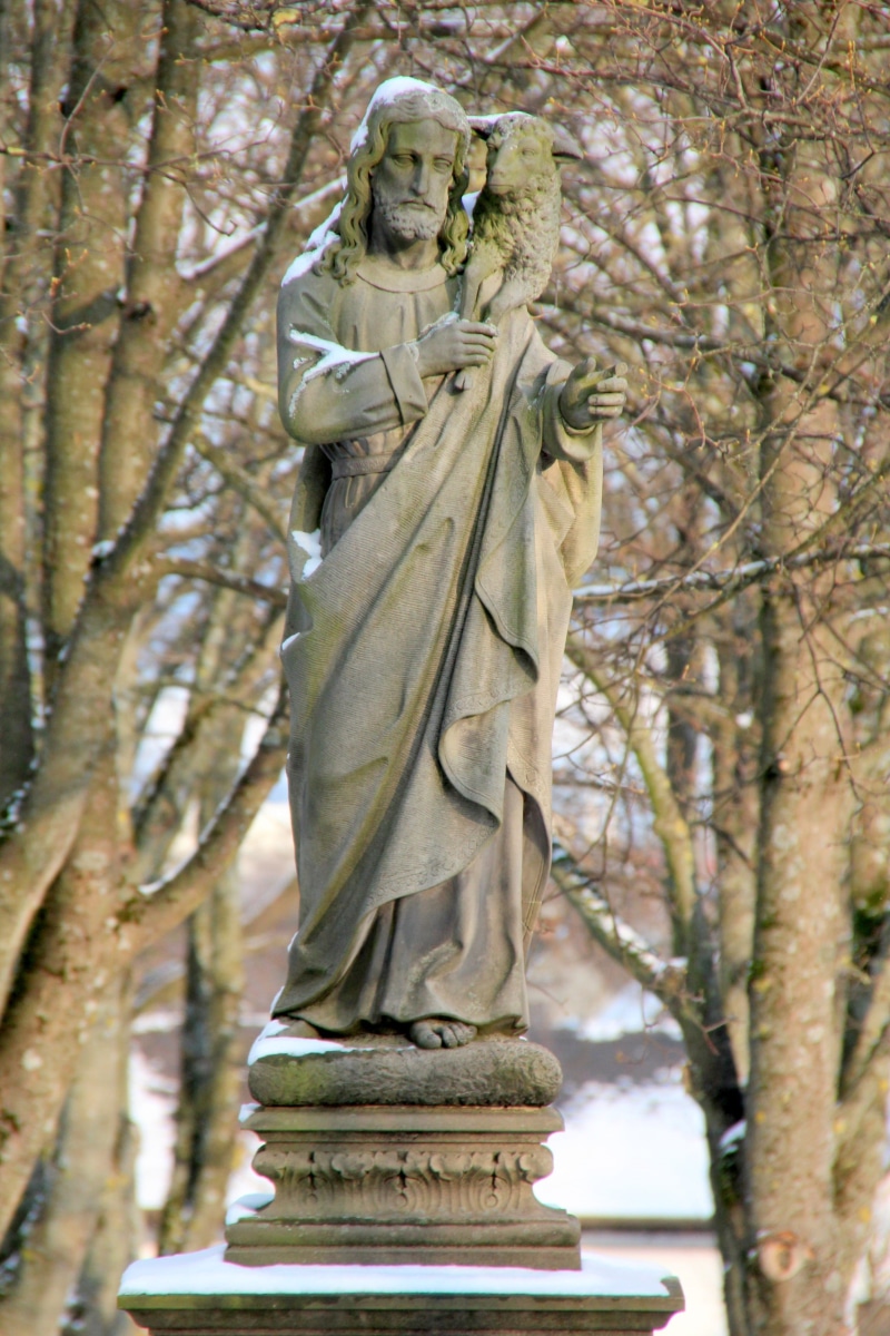 shepherd, spirituality, craft, angel, 2K, nature, male likeness, jesus, human representation, day, winter, religion, female likeness, representation, sculpture