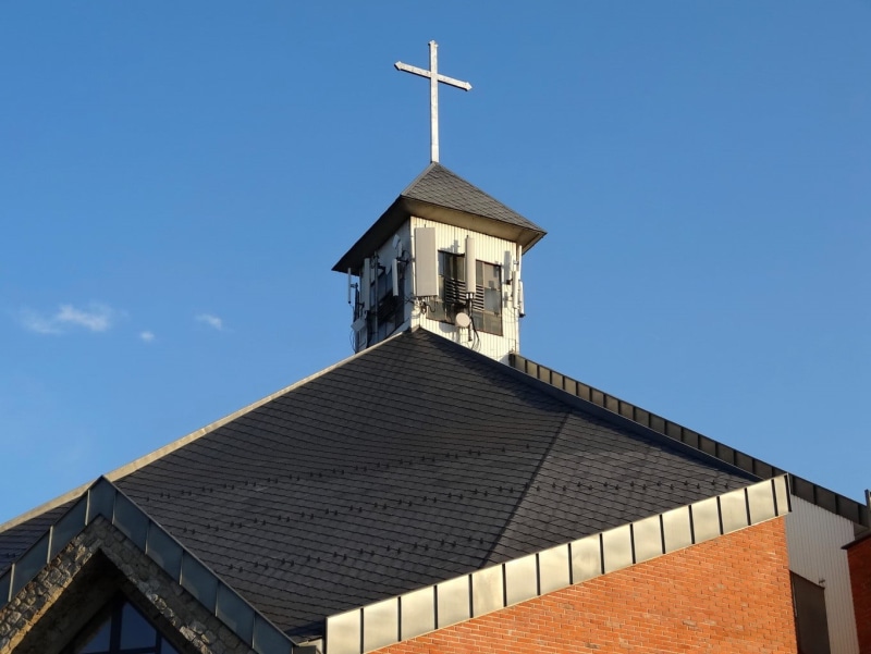 religious, roof tile, clear sky, place of worship, spirituality, religion, day, good shepherd church, belief, biale blota, blue, roof, architecture, building exterior