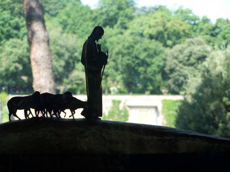 plant, tree, leading, figurine, man, sheep, nature, animals in the wild, standing, good shepherd, animal, side view, domestic animals, herbivorous, statue
