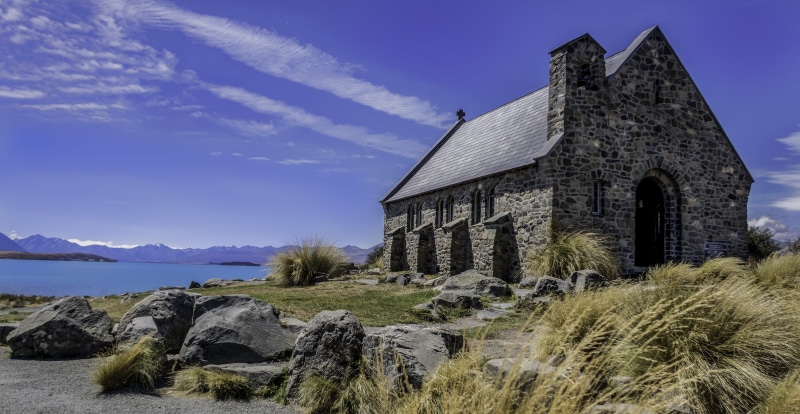 architecture, ocean, building exterior, nature, scenic, Good Shepherd, pampas grass, no people, belief, built structure, water, place of worship, plant