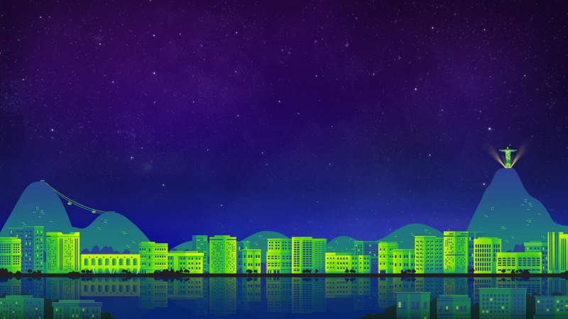 purple, built structure, night, 1080P, cityscape, water, scenics - nature, shape, artwork, beauty in nature, Christ the Redeemer, no people, green color