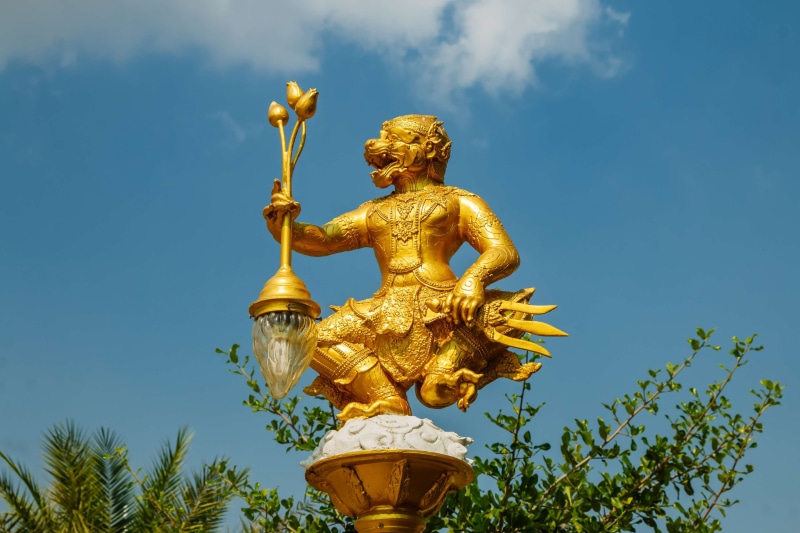 statue, architecture, outdoors, day, art and craft, representation, spirituality, monkey statue, creativity, human representation, gold colored, no people