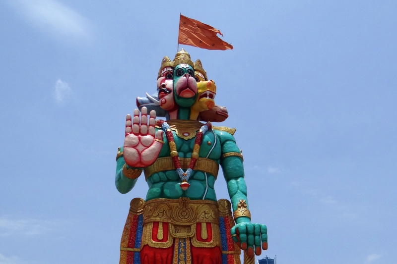 celebration, male likeness, creativity, craft, temple, monkey-god, day, religion, panchamukhi hanuman, low angle view, human representation, outdoors, art and craft