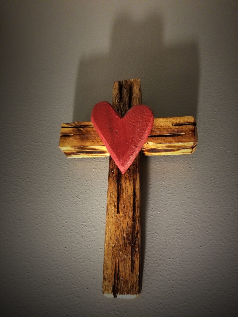still life, wood heart, positive emotion, directly above, holy, table, wooden cross, wooden, forgiven, wood cross, love, heart, jesus, wooden heart