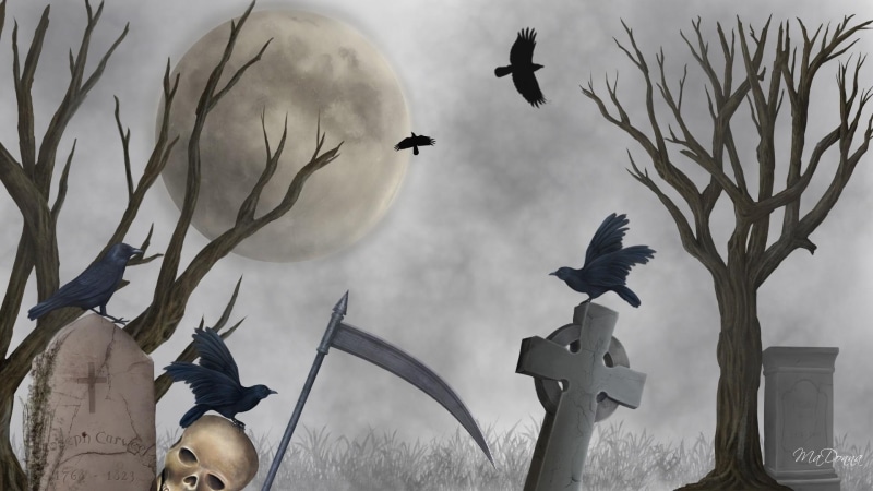 dead trees, firefox persona, 1080P, ravens, crows, full moon, mist, halloween, celtic cross, haunting